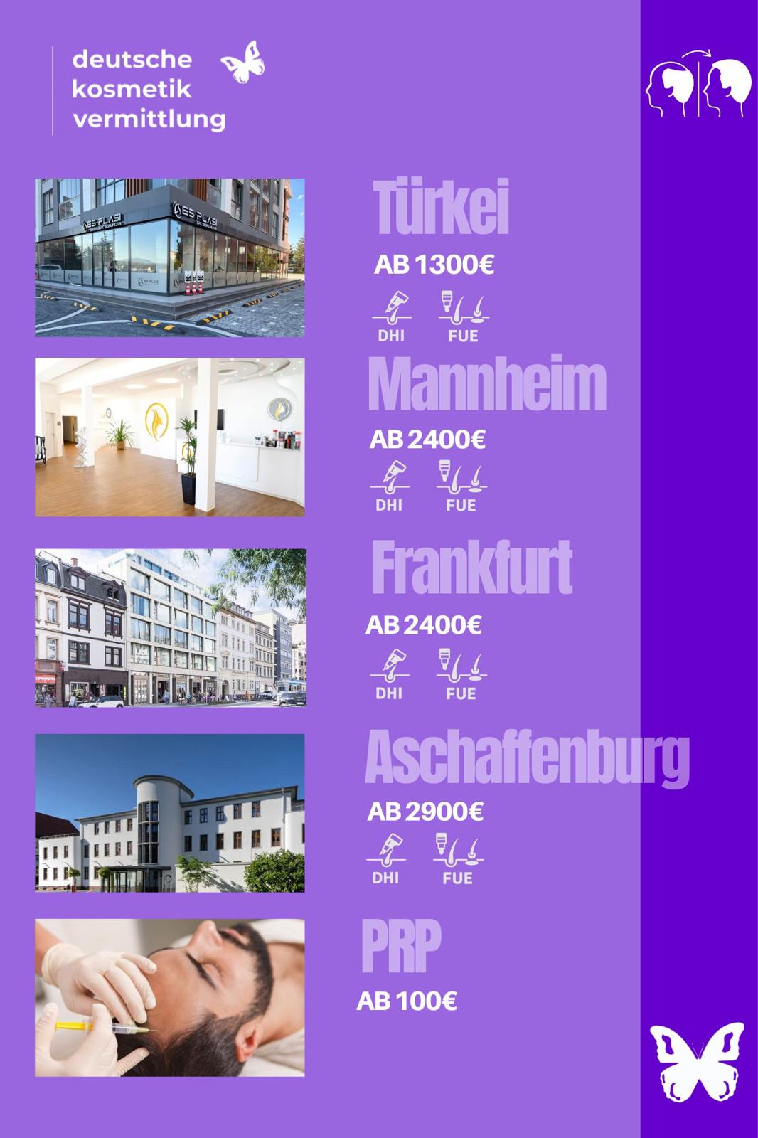 Haartransplantation & PRP Standorte (Türkei, Mannheim, Frankfurt, Aschaffenburg)