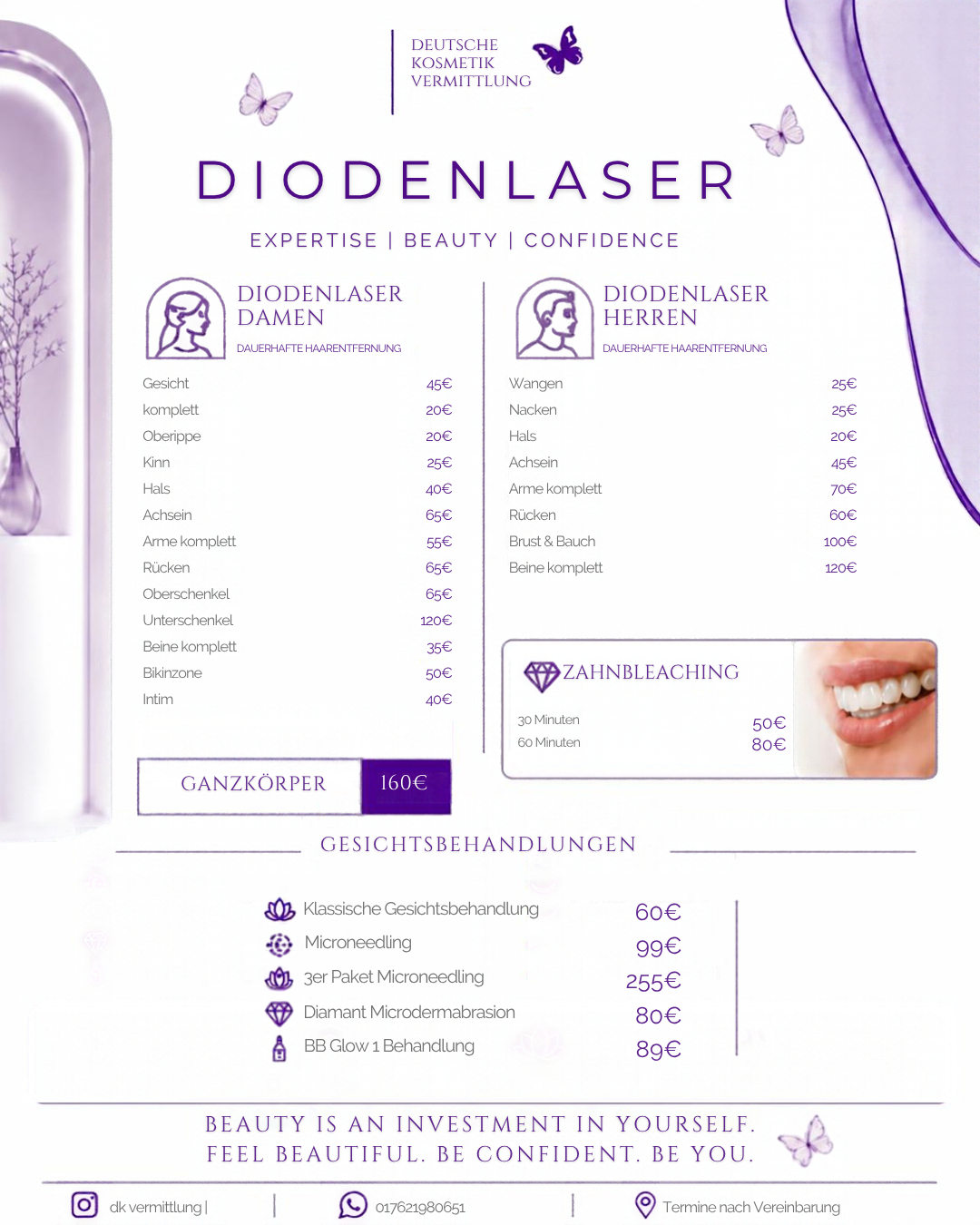 Preisliste Diodenlaser Haarentfernung, Bleaching & Kosmetik